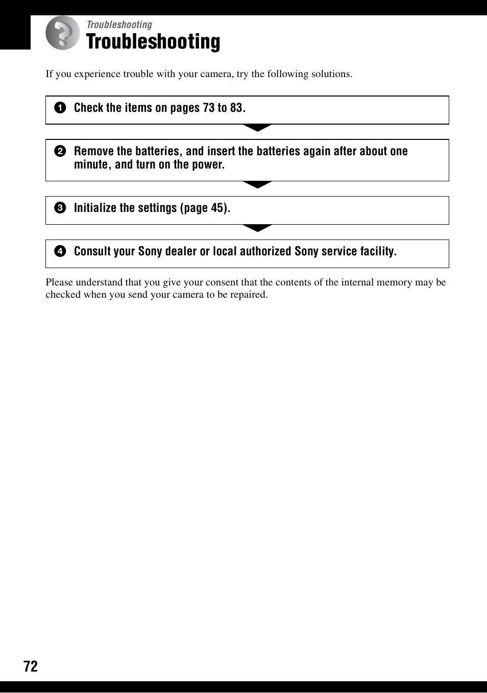 Troubleshooting | Sony DSC-S500 User Manual | Page 72 / 96