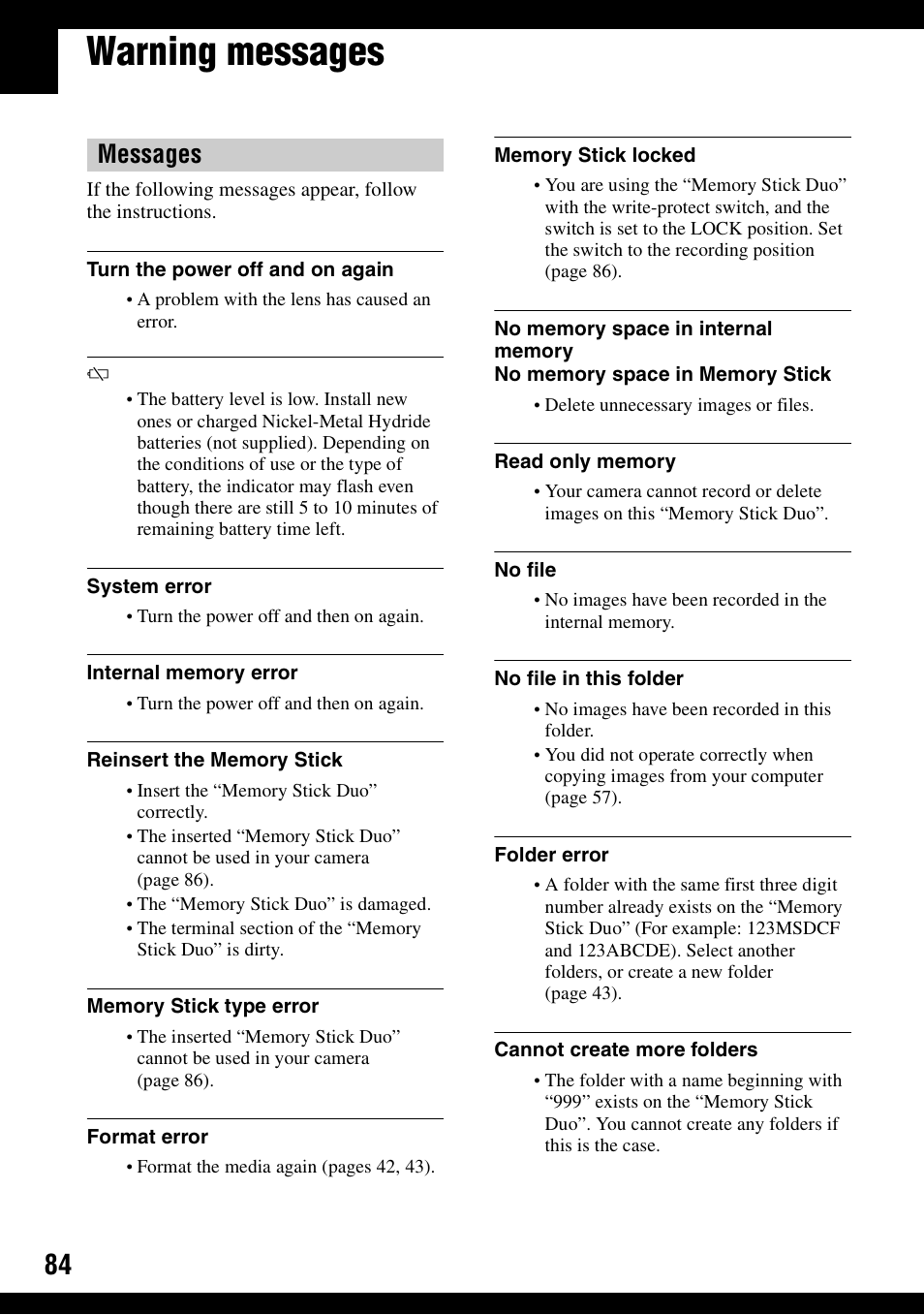 Warning messages, Messages | Sony DSC-S500 User Manual | Page 84 / 96