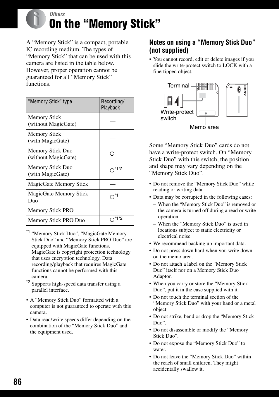 Others, On the “memory stick | Sony DSC-S500 User Manual | Page 86 / 96