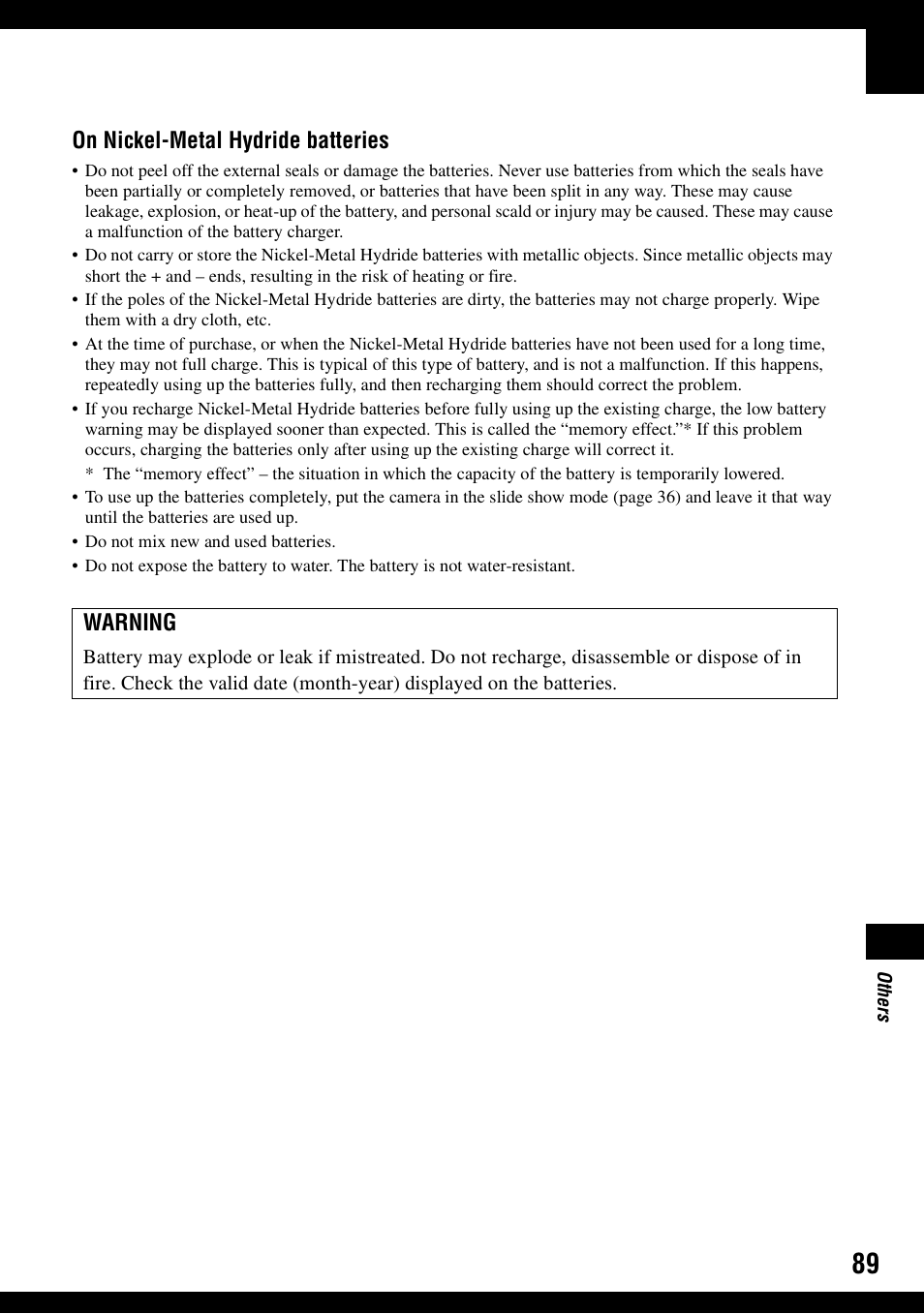 On nickel-metal hydride batteries, Warning | Sony DSC-S500 User Manual | Page 89 / 96