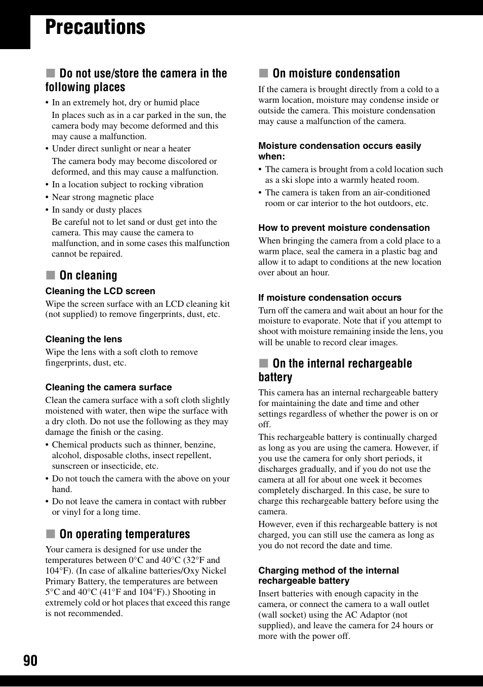 Precautions | Sony DSC-S500 User Manual | Page 90 / 96
