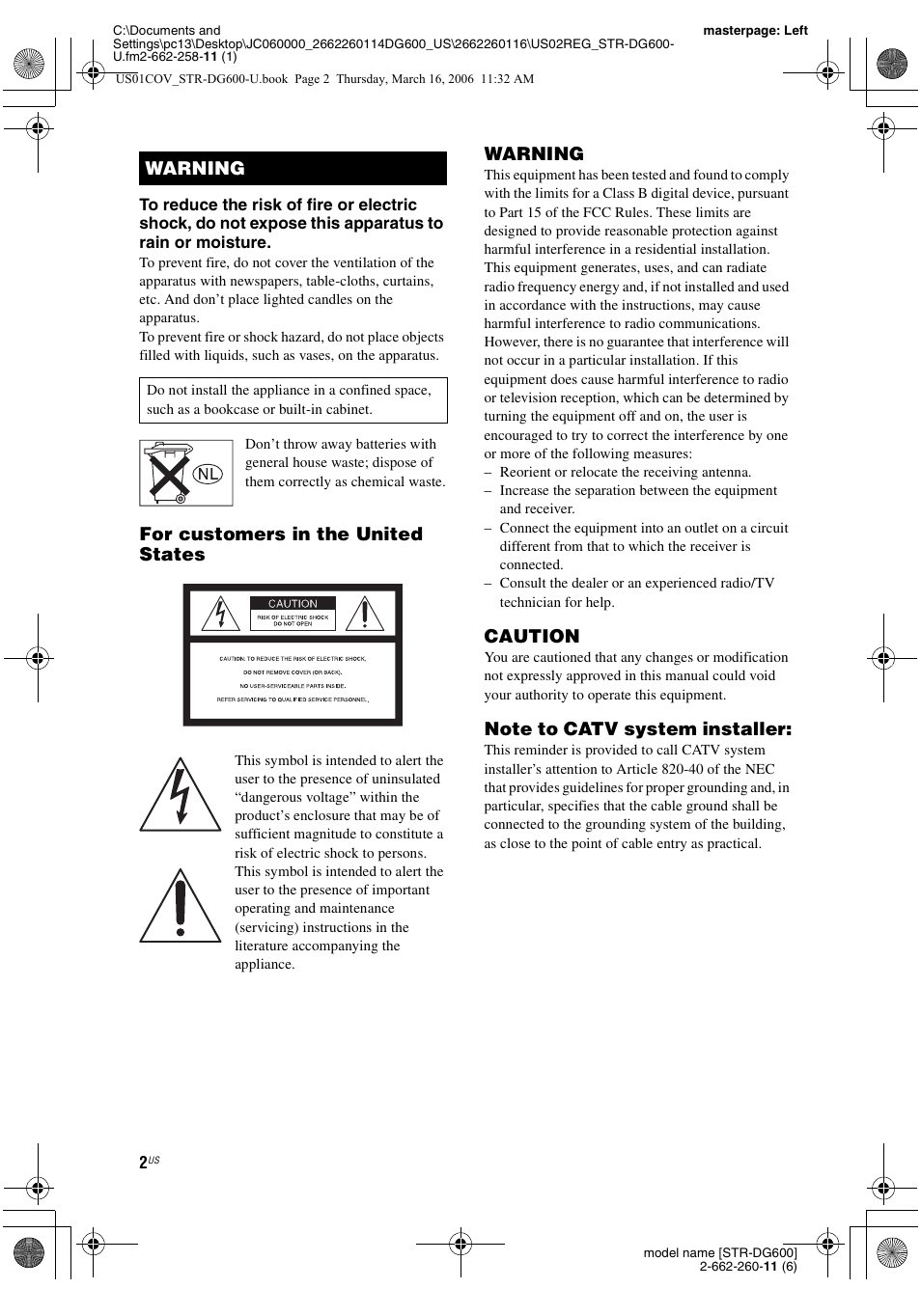 For customers in the united states, Warning, Caution | Sony STR-DG600 User Manual | Page 2 / 88