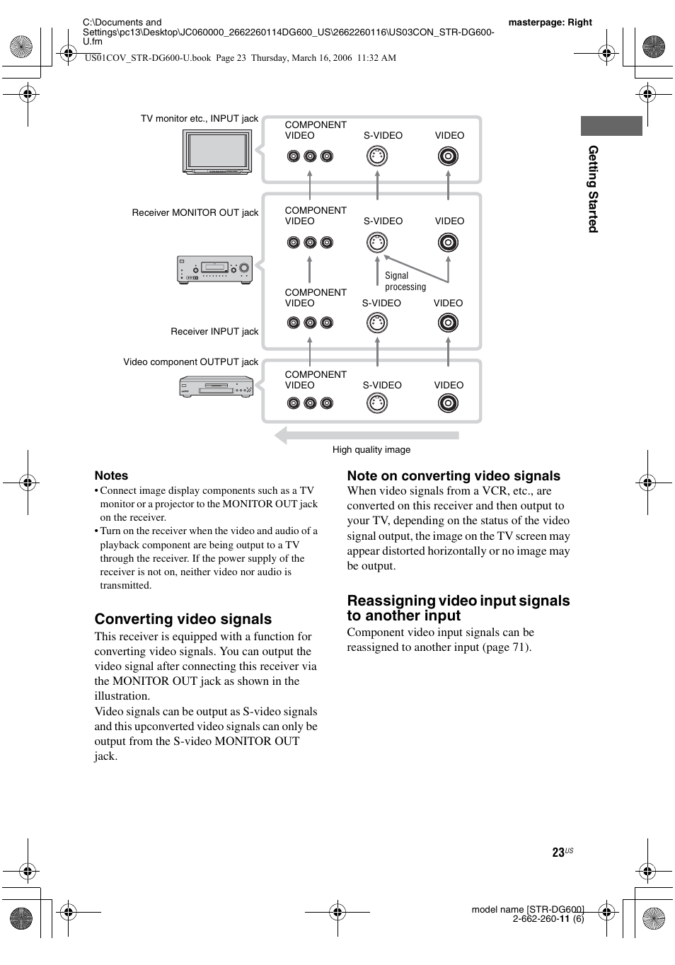 Converting video signals, Reassigning video input signals to another input | Sony STR-DG600 User Manual | Page 23 / 88