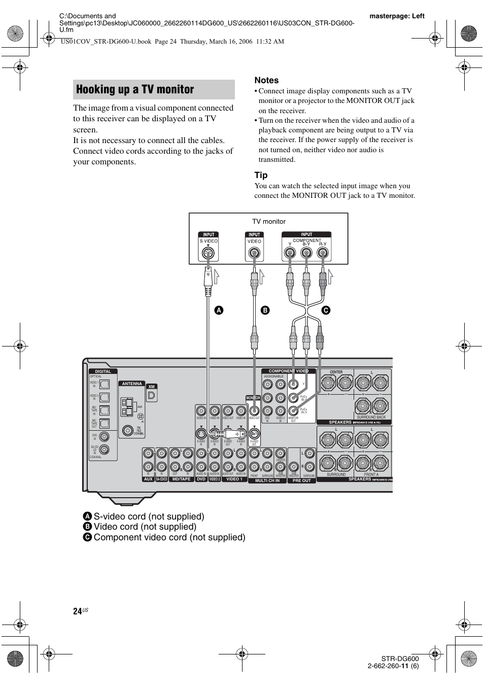 E 24, 25, E 24, Hooking up a tv monitor | Tv monitor | Sony STR-DG600 User Manual | Page 24 / 88