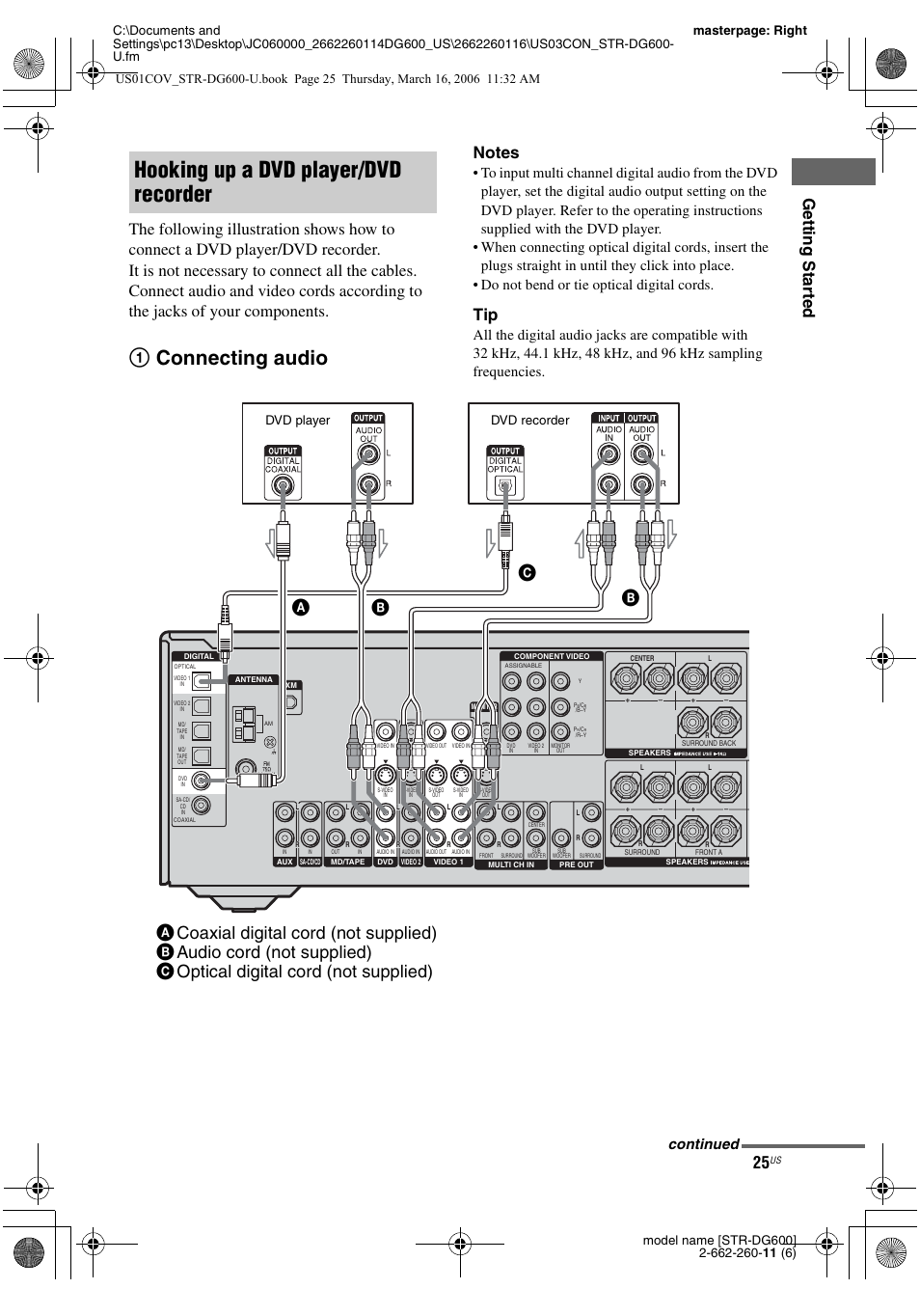 Hooking up a dvd player/dvd recorder, 1connecting audio, Continued | Dvd player, Dvd recorder | Sony STR-DG600 User Manual | Page 25 / 88
