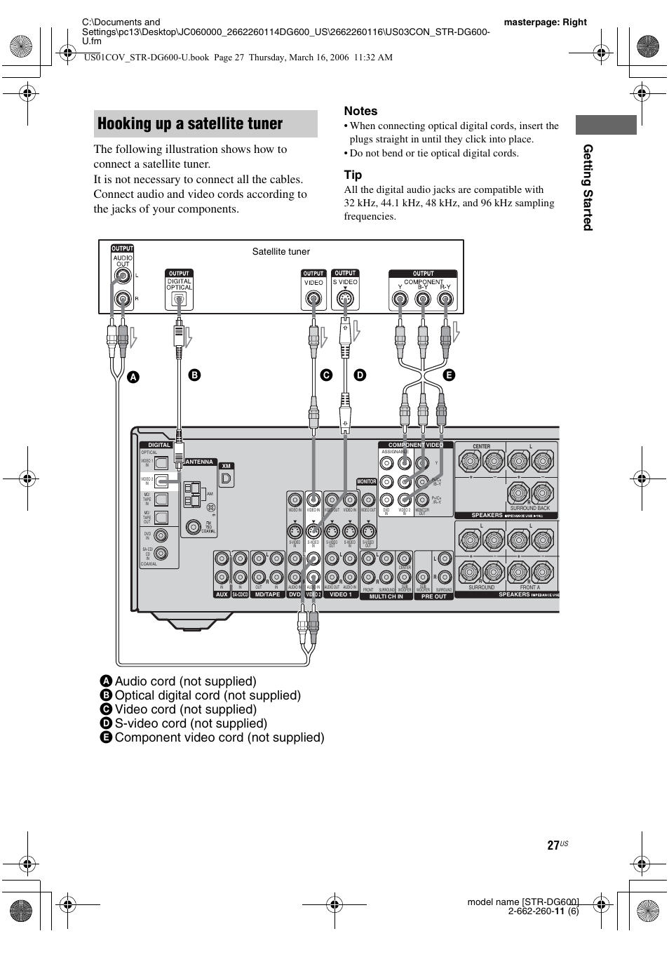 Hooking up a satellite tuner, Satellite tuner | Sony STR-DG600 User Manual | Page 27 / 88