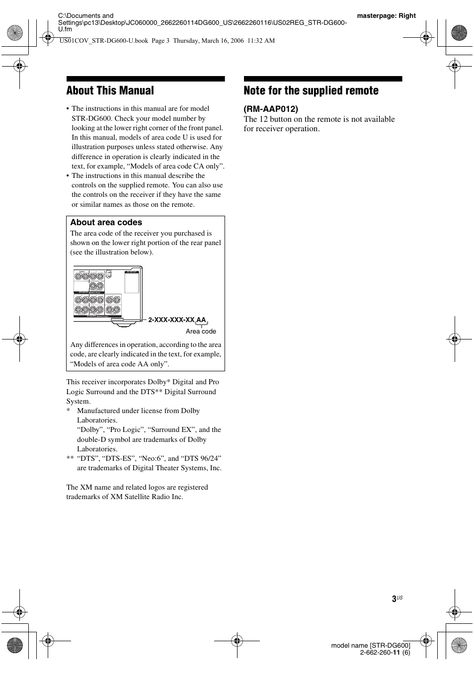 About this manual | Sony STR-DG600 User Manual | Page 3 / 88