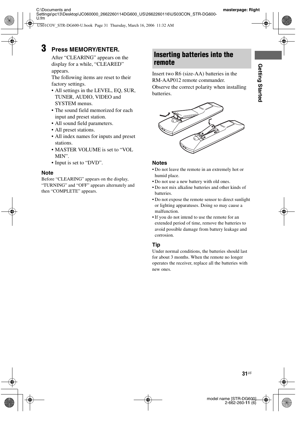 Inserting batteries into the remote | Sony STR-DG600 User Manual | Page 31 / 88