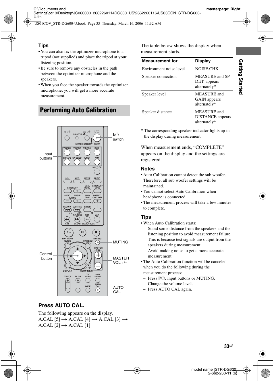 Performing auto calibration, Press auto cal, Gettin g sta rted tips | Tips | Sony STR-DG600 User Manual | Page 33 / 88