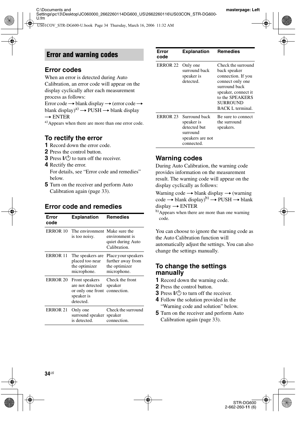 Error and warning codes, Error codes, Error code and remedies warning codes | Sony STR-DG600 User Manual | Page 34 / 88