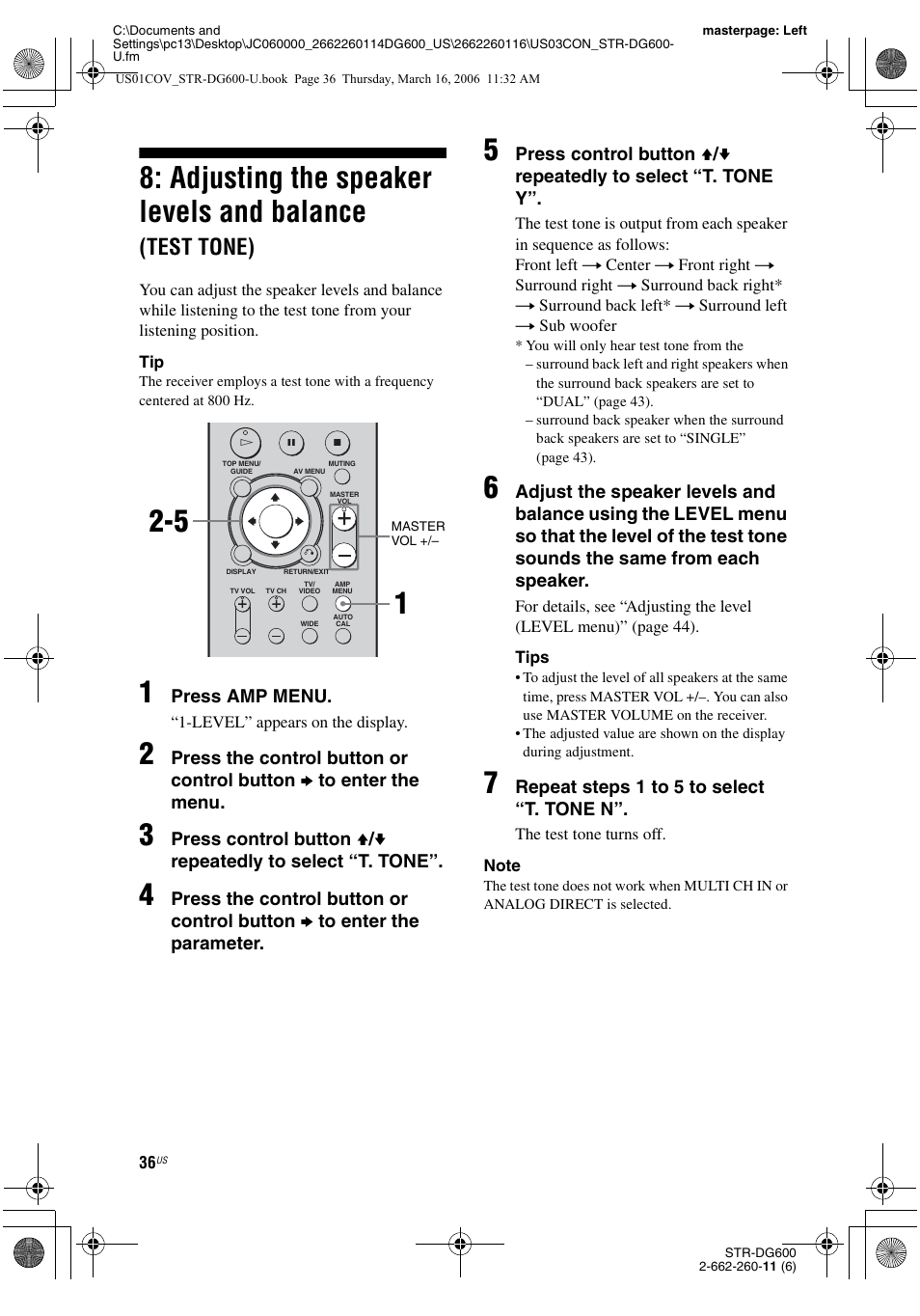 Adjusting the speaker levels and, Balance, Test tone) | E 36, Adjusting the speaker levels and balance | Sony STR-DG600 User Manual | Page 36 / 88