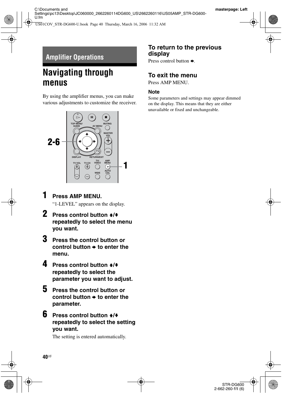 Amplifier operations, Navigating through menus, Press amp menu | Sony STR-DG600 User Manual | Page 40 / 88