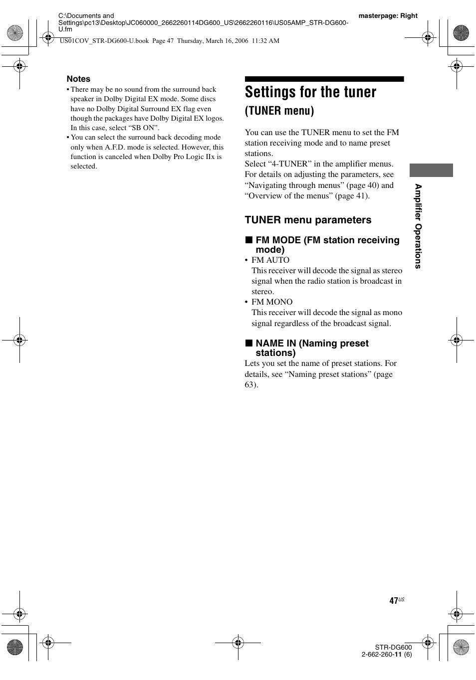 Settings for the tuner (tuner menu), Settings for the tuner, Tuner menu) | Tuner menu parameters | Sony STR-DG600 User Manual | Page 47 / 88