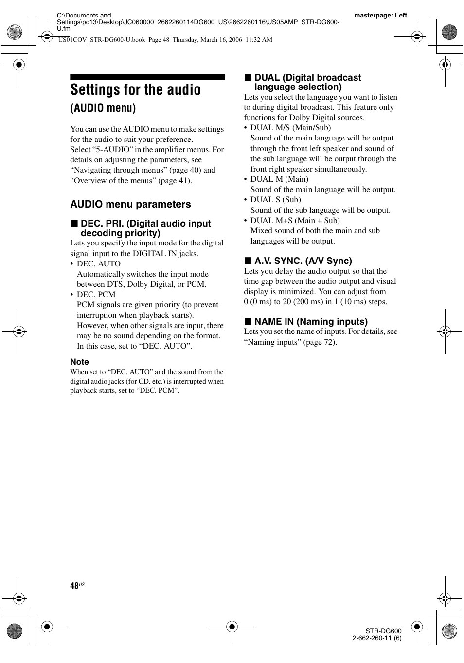 Settings for the audio (audio menu), Settings for the audio, Audio menu) | Audio menu parameters | Sony STR-DG600 User Manual | Page 48 / 88