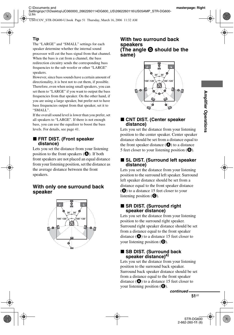X frt dist. (front speaker distance), X cnt dist. (center speaker distance), X sl dist. (surround left speaker distance) | X sr dist. (surround right speaker distance), X sb dist. (surround back speaker distance) | Sony STR-DG600 User Manual | Page 51 / 88