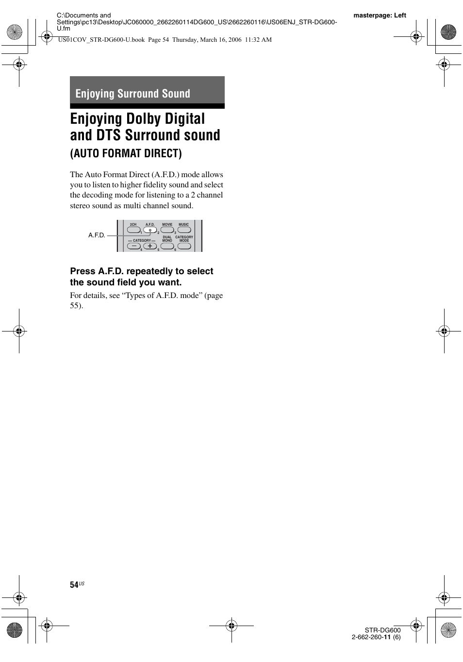Enjoying surround sound, Enjoying dolby digital and dts surround, Sound (auto format direct) | Enjoying dolby digital and dts surround sound, Auto format direct), For details, see “types of a.f.d. mode” (page 55) | Sony STR-DG600 User Manual | Page 54 / 88