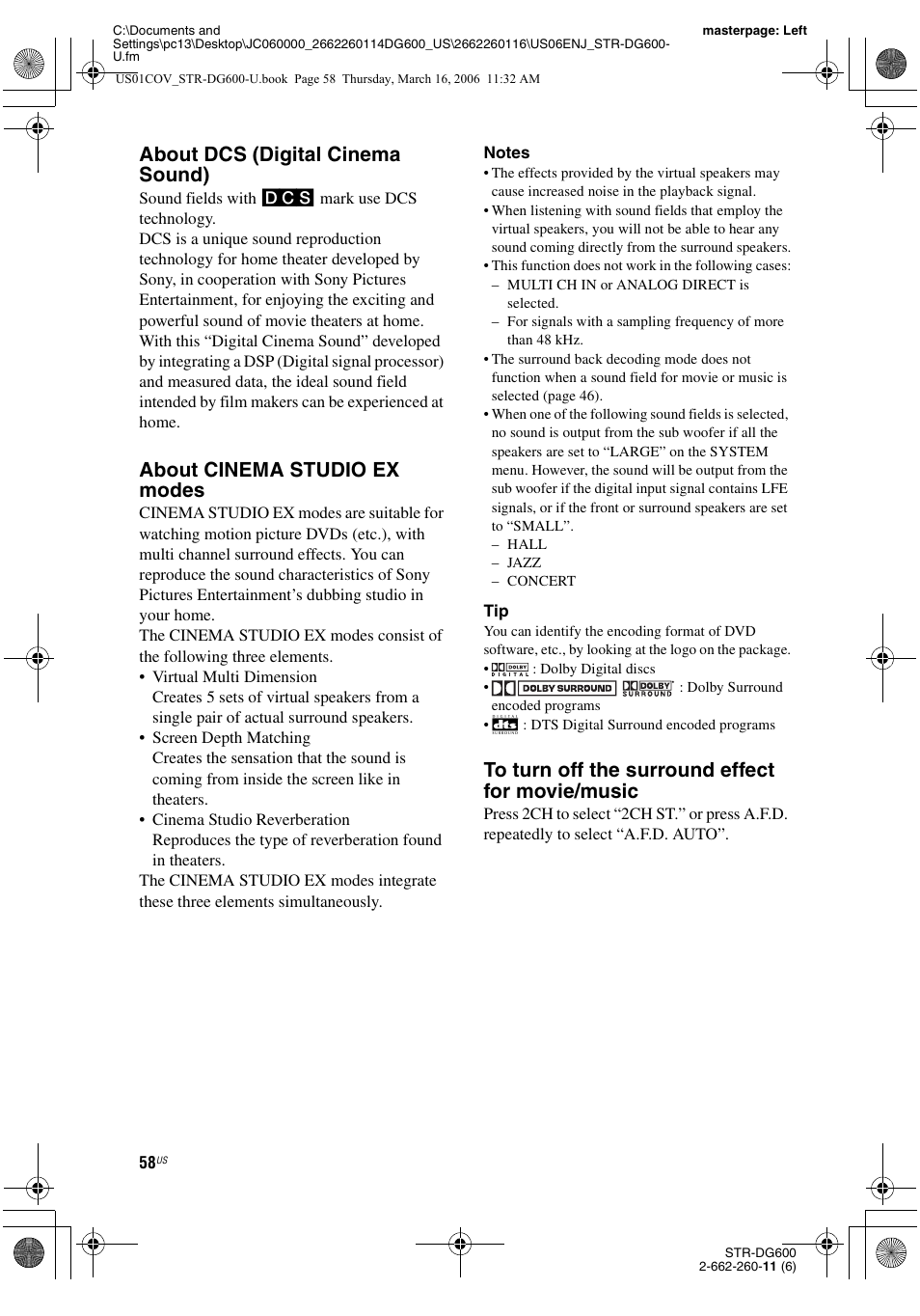 About dcs (digital cinema sound), About cinema studio ex modes | Sony STR-DG600 User Manual | Page 58 / 88