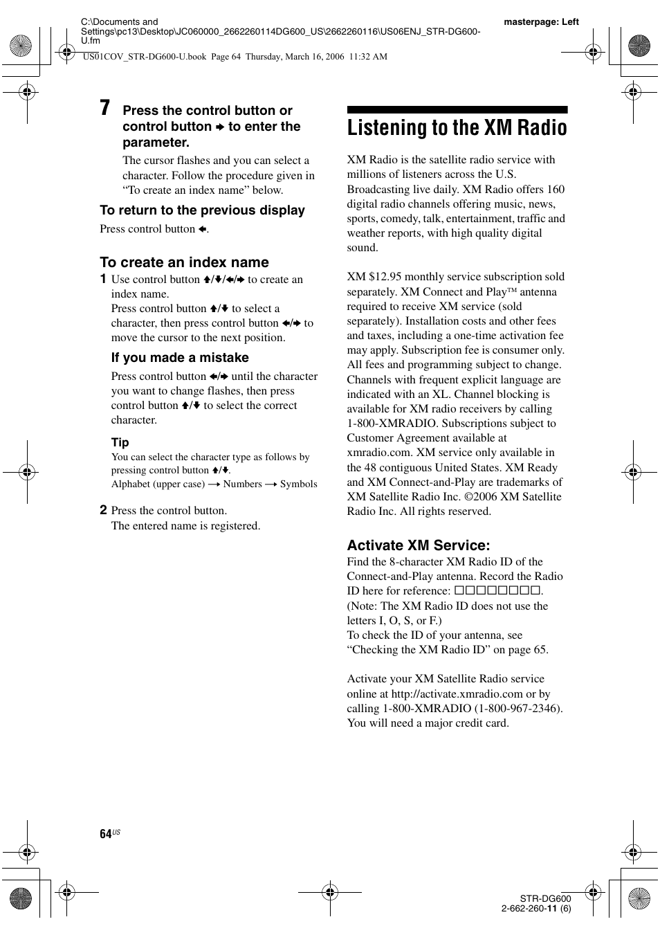 Listening to the xm radio, Activate xm service | Sony STR-DG600 User Manual | Page 64 / 88