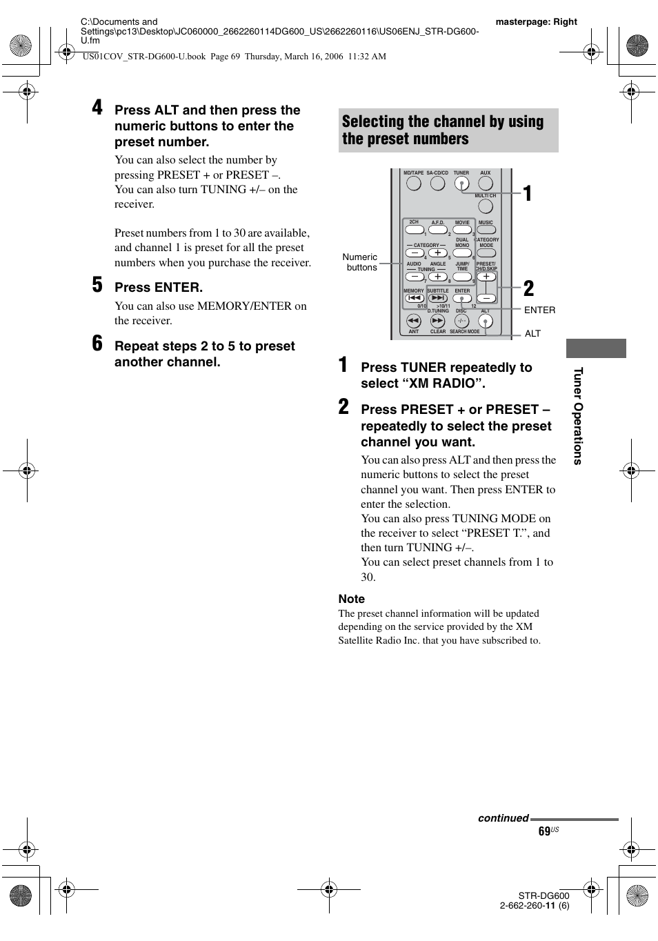 Selecting the channel by using the preset numbers, Press enter, Repeat steps 2 t o 5 to preset another channel | Press tuner repeatedly to select “xm radio | Sony STR-DG600 User Manual | Page 69 / 88