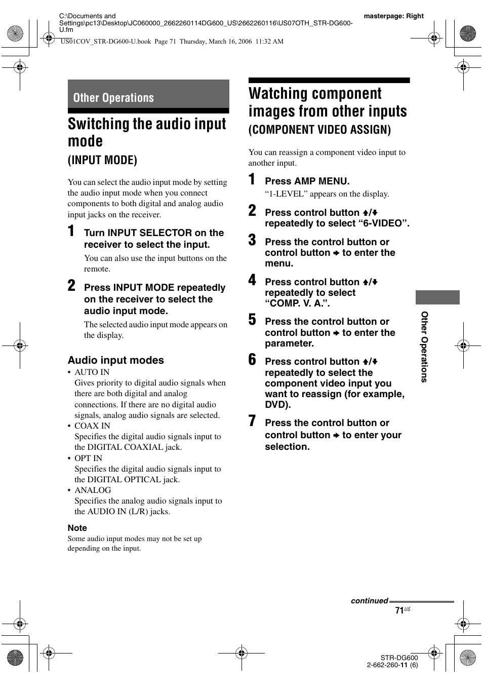 Other operations, Switching the audio input mode (input mode), Switching the audio input mode | Input mode), Watching component images from, Other inputs, Component video assign), Watching component images from other inputs | Sony STR-DG600 User Manual | Page 71 / 88