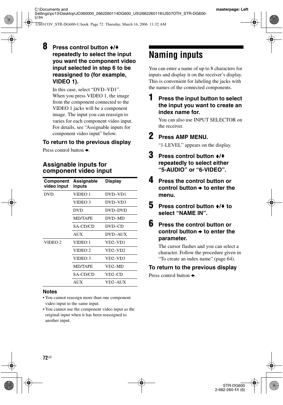 Naming inputs | Sony STR-DG600 User Manual | Page 72 / 88