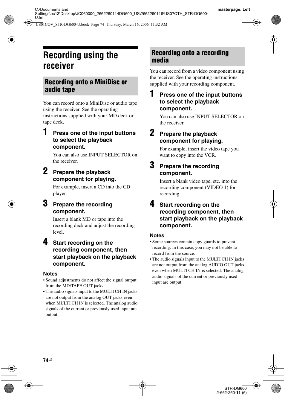 Recording using the receiver | Sony STR-DG600 User Manual | Page 74 / 88