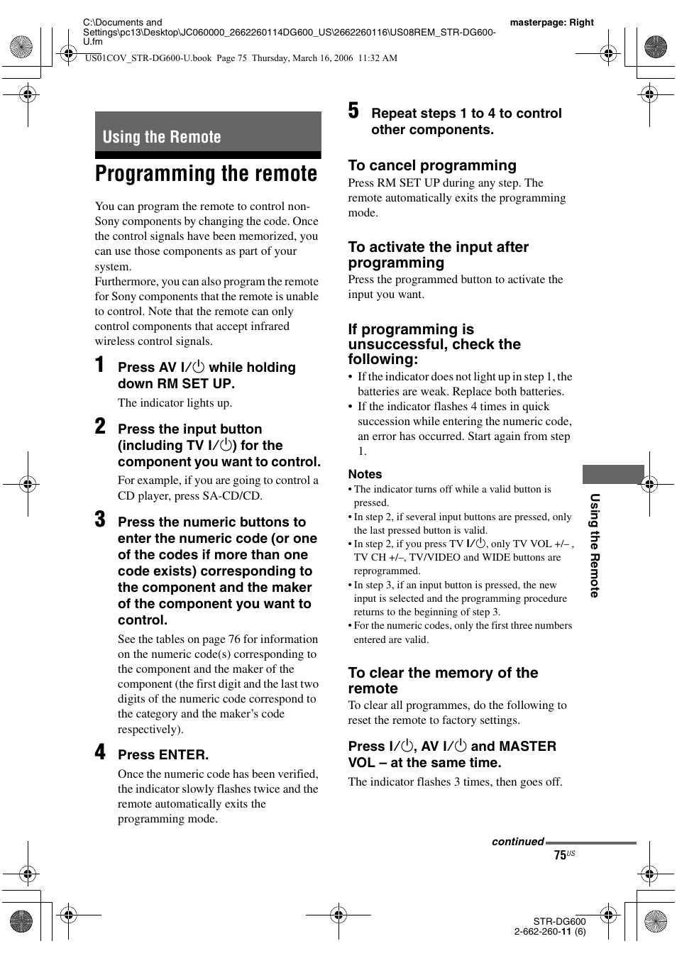 Using the remote, Programming the remote | Sony STR-DG600 User Manual | Page 75 / 88