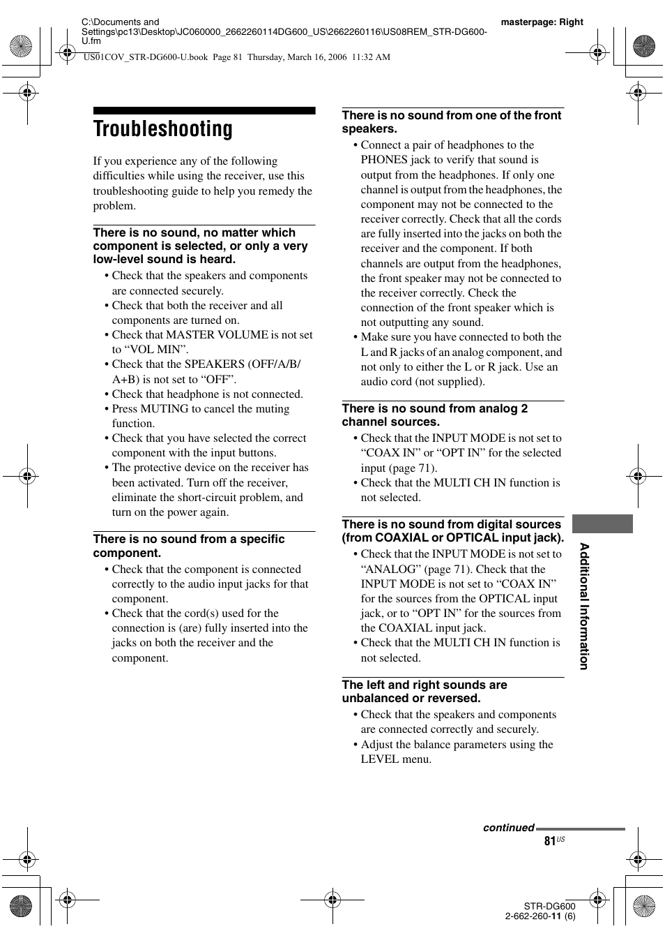 Troubleshooting | Sony STR-DG600 User Manual | Page 81 / 88