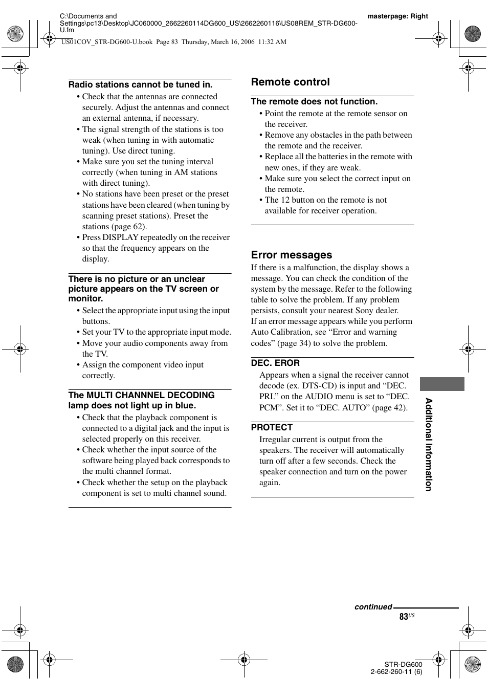 Remote control, Error messages | Sony STR-DG600 User Manual | Page 83 / 88