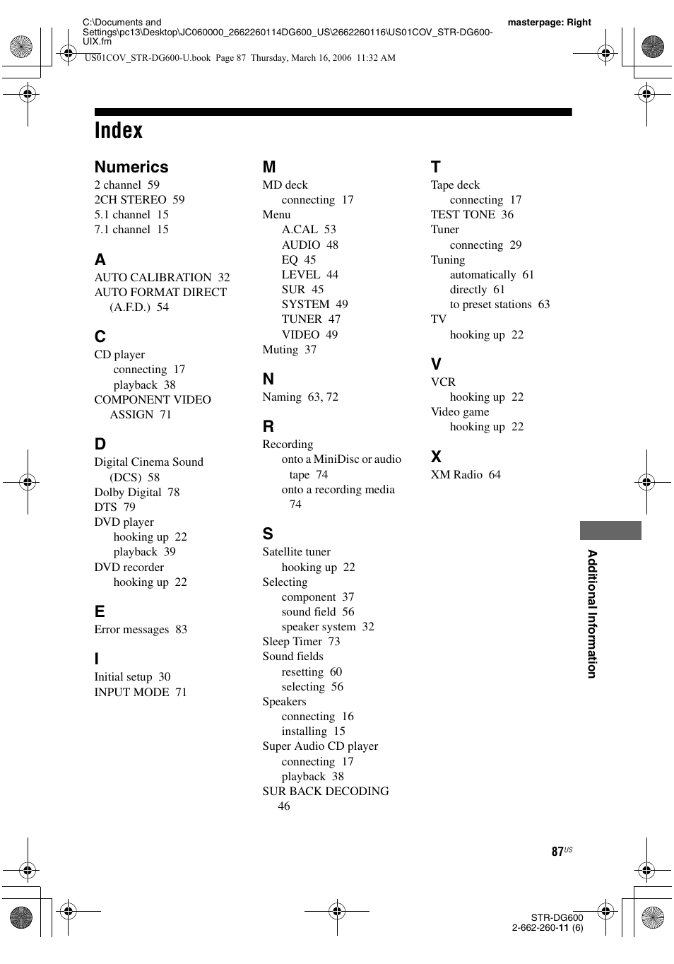 Index, Numerics | Sony STR-DG600 User Manual | Page 87 / 88