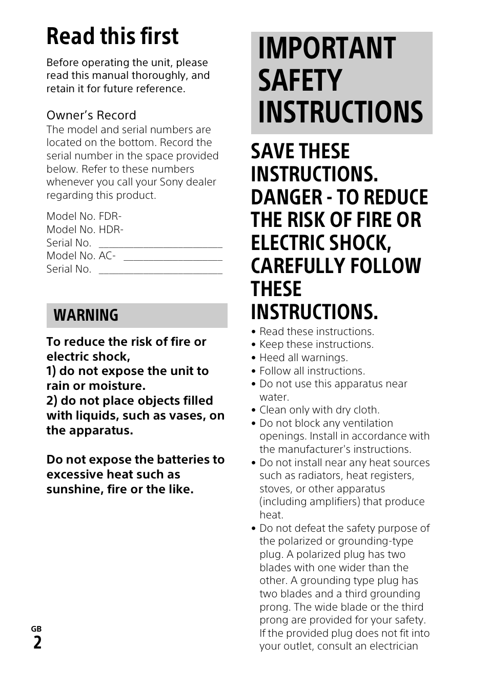 Read this first, Important safety instructions, Warning | Sony HDR-CX900 User Manual | Page 2 / 56
