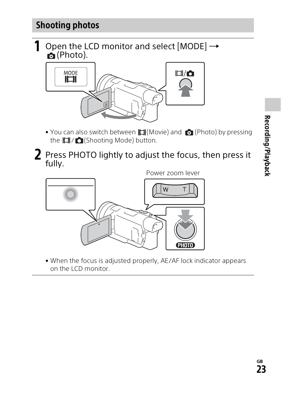 Shooting photos | Sony HDR-CX900 User Manual | Page 23 / 56