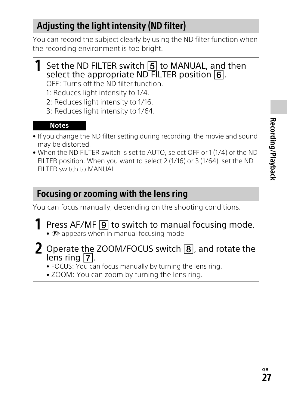 Adjusting the light intensity (nd filter), Focusing or zooming with the lens ring | Sony HDR-CX900 User Manual | Page 27 / 56