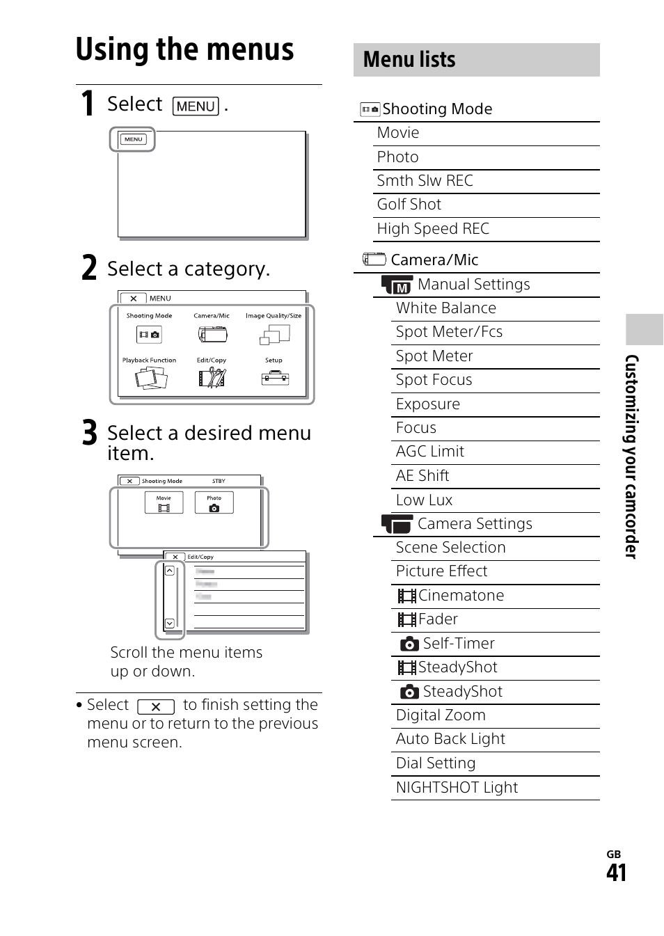 Customizing your camcorder, Using the menus, Menu lists | Select, Select a category, Select a desired menu item | Sony HDR-CX900 User Manual | Page 41 / 56