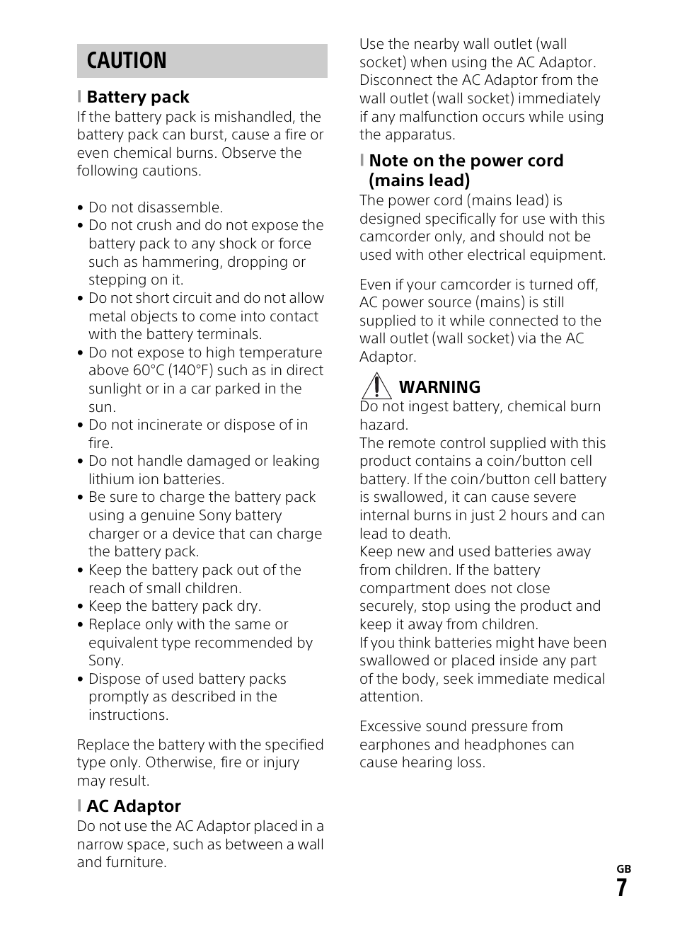 Caution | Sony HDR-CX900 User Manual | Page 7 / 56