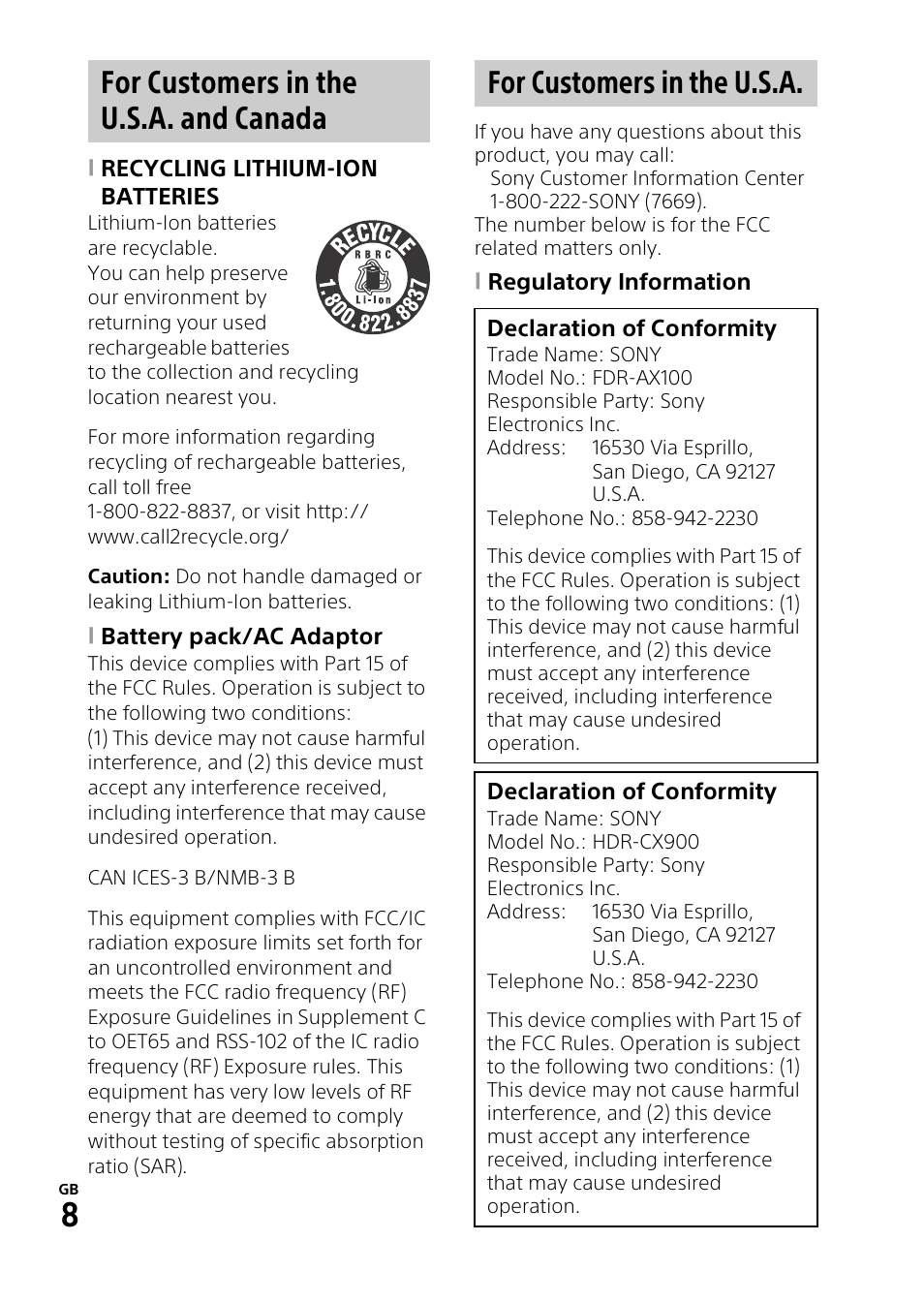 Sony HDR-CX900 User Manual | Page 8 / 56