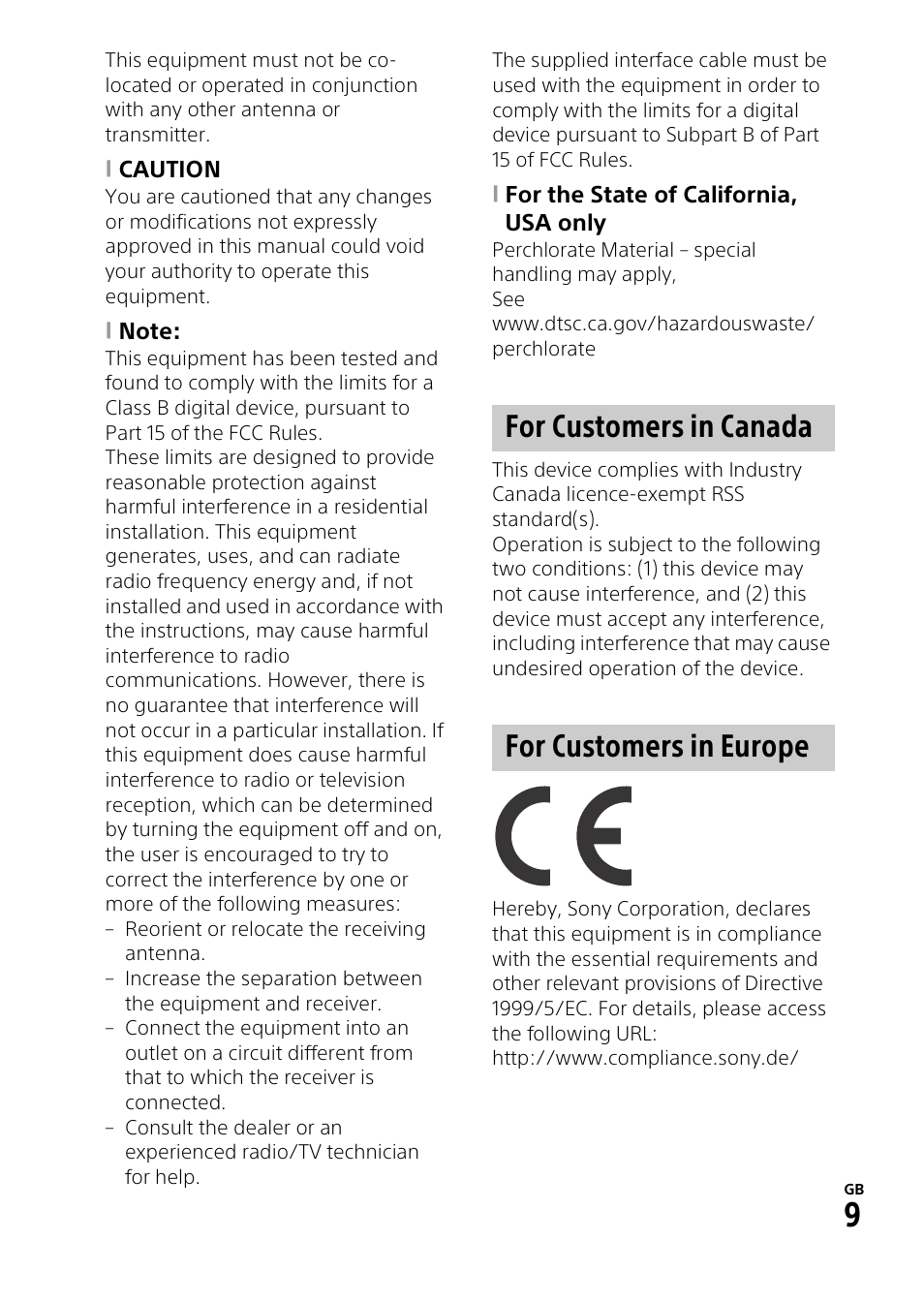 For customers in canada for customers in europe | Sony HDR-CX900 User Manual | Page 9 / 56