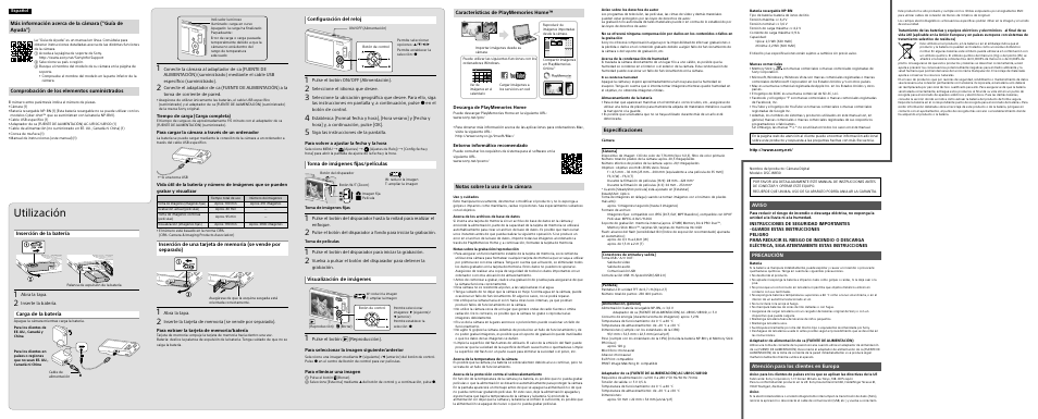 Utilización, Comprobación de los elementos suministrados, Configuración del reloj | Toma de imágenes fijas/películas, Visualización de imágenes, Notas sobre la uso de la cámara, Especificaciones, Aviso, Precaución, Atención para los clientes en europa | Sony DSC-W830 User Manual | Page 2 / 2