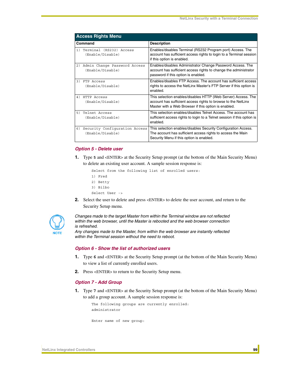 Option 5 - delete user, Option 6 - show the list of authorized users, Option 7 - add group | AMX NetLinx Integrated Controllers NI-3000 User Manual | Page 105 / 134