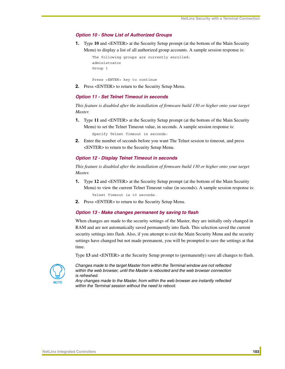 Option 10 - show list of authorized groups, Option 11 - set telnet timeout in seconds, Option 12 - display telnet timeout in seconds | AMX NetLinx Integrated Controllers NI-3000 User Manual | Page 109 / 134