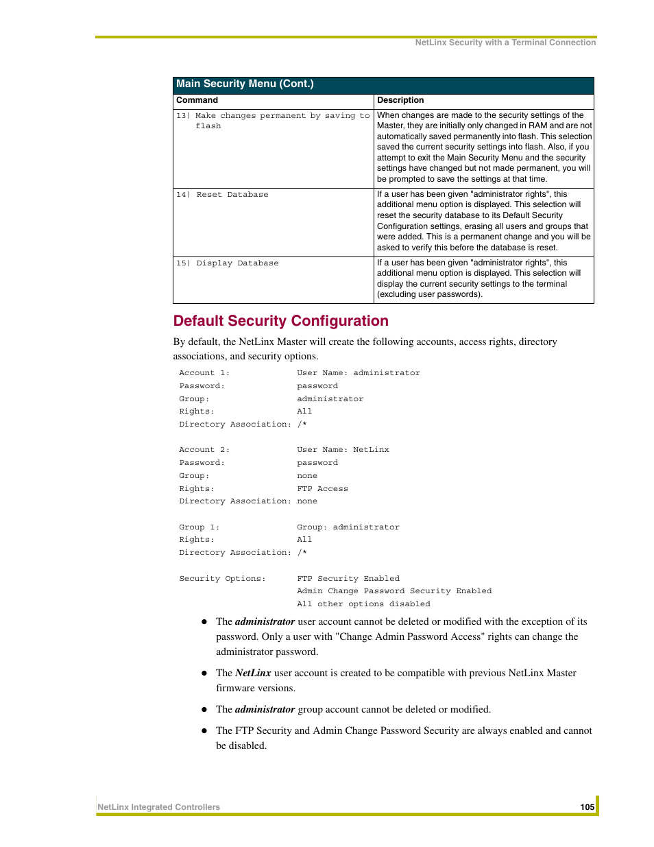Default security configuration | AMX NetLinx Integrated Controllers NI-3000 User Manual | Page 111 / 134