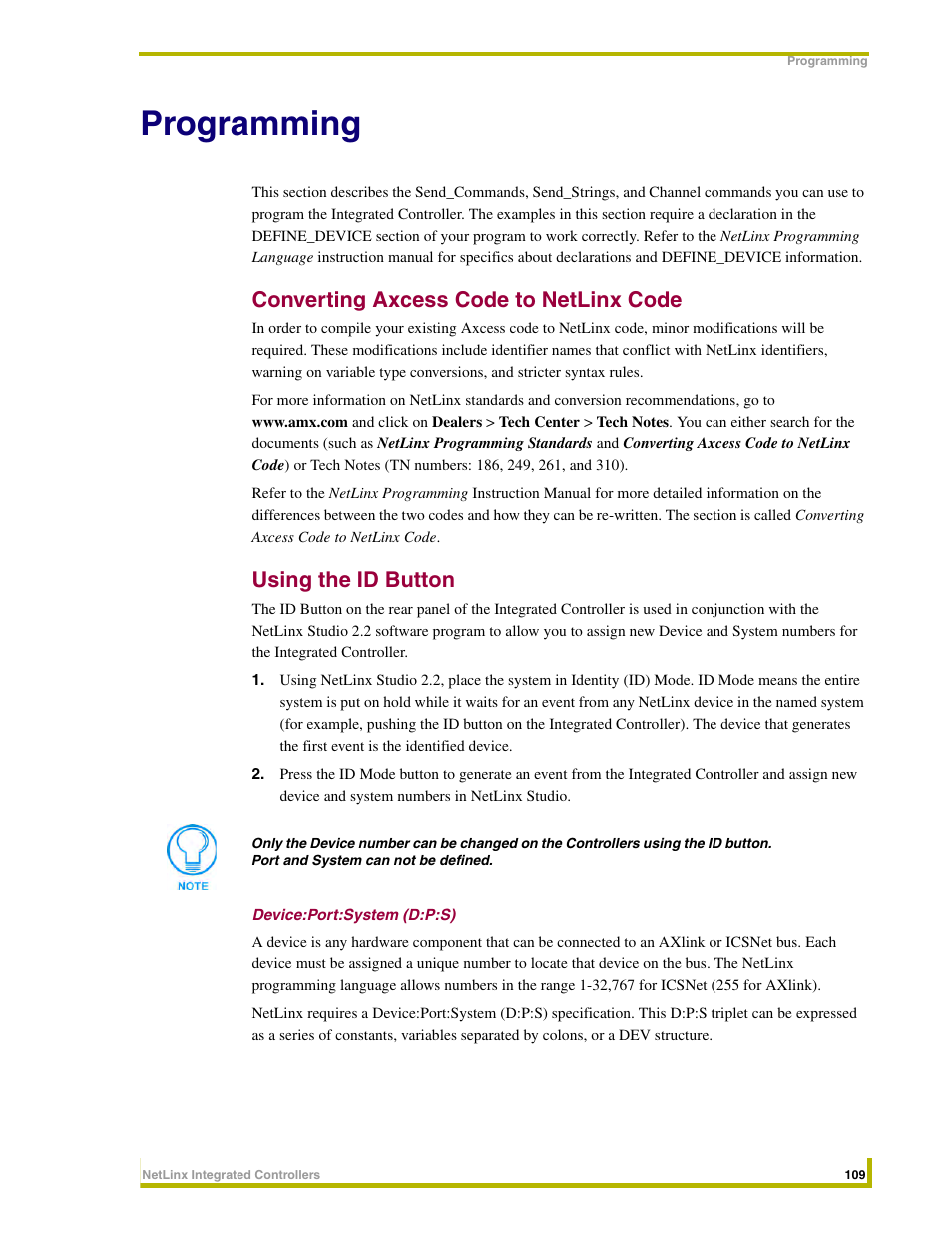 Programming, Converting axcess code to netlinx code, Using the id button | Device:port:system (d:p:s) | AMX NetLinx Integrated Controllers NI-3000 User Manual | Page 115 / 134