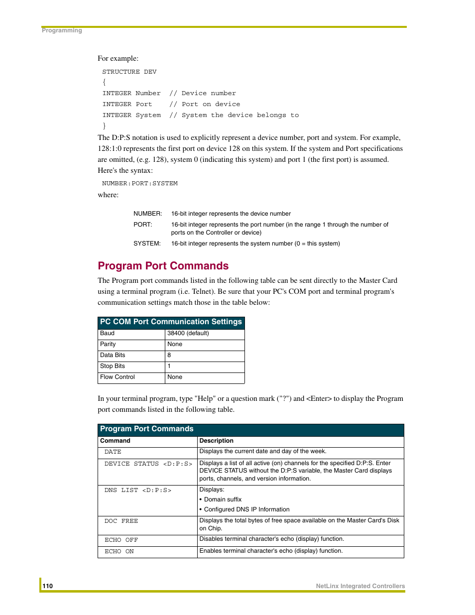 Program port commands | AMX NetLinx Integrated Controllers NI-3000 User Manual | Page 116 / 134