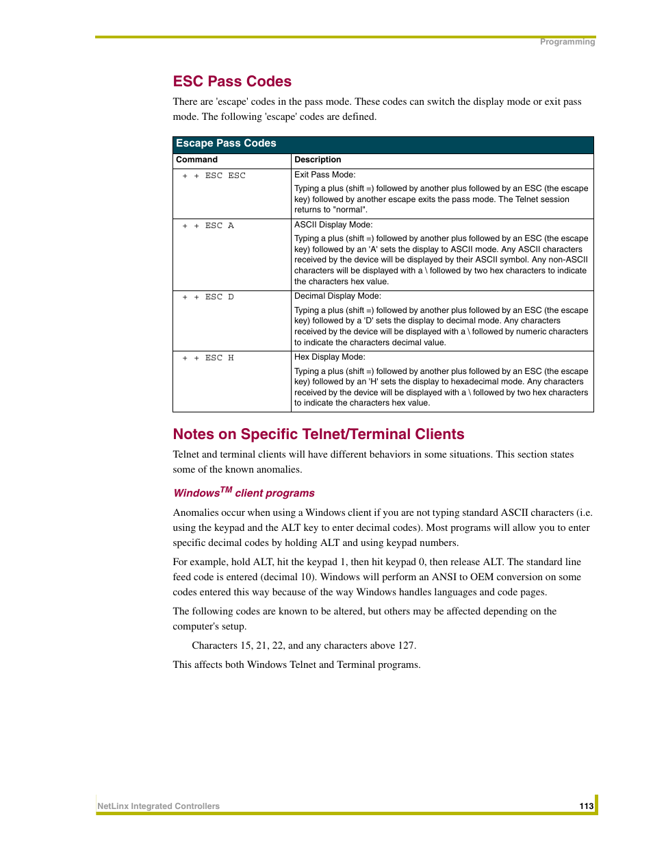 Esc pass codes, Notes on specific telnet/terminal clients, Windowstm client programs | AMX NetLinx Integrated Controllers NI-3000 User Manual | Page 119 / 134