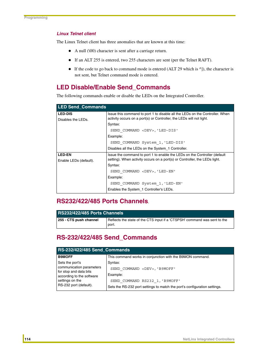 Linux telnet client, Led disable/enable send_commands, Rs-232/422/485 send_commands | AMX NetLinx Integrated Controllers NI-3000 User Manual | Page 120 / 134