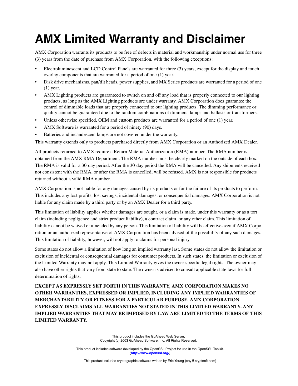 Amx limited warranty and disclaimer | AMX NetLinx Integrated Controllers NI-3000 User Manual | Page 2 / 134