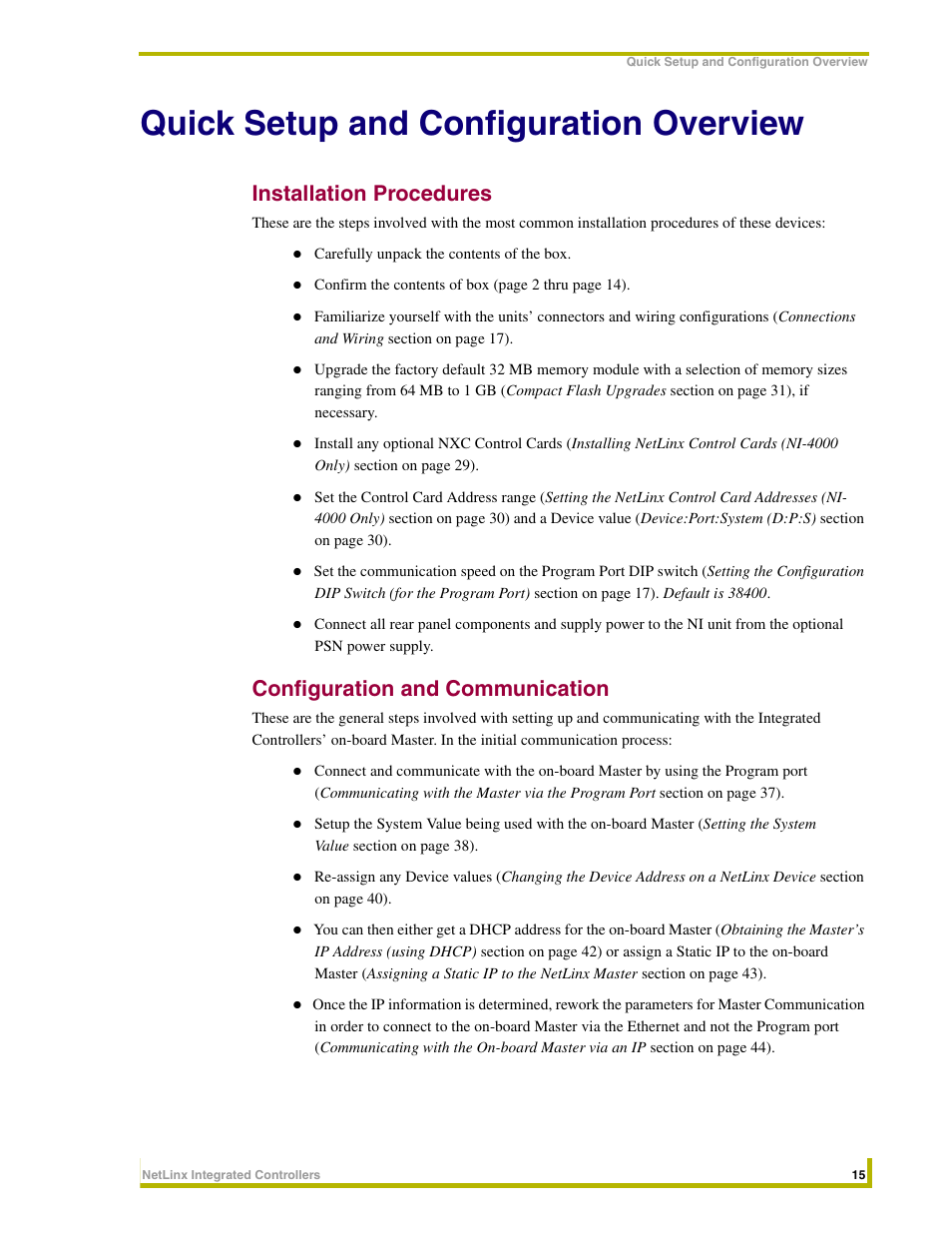 Quick setup and configuration overview, Installation procedures, Configuration and communication | AMX NetLinx Integrated Controllers NI-3000 User Manual | Page 21 / 134