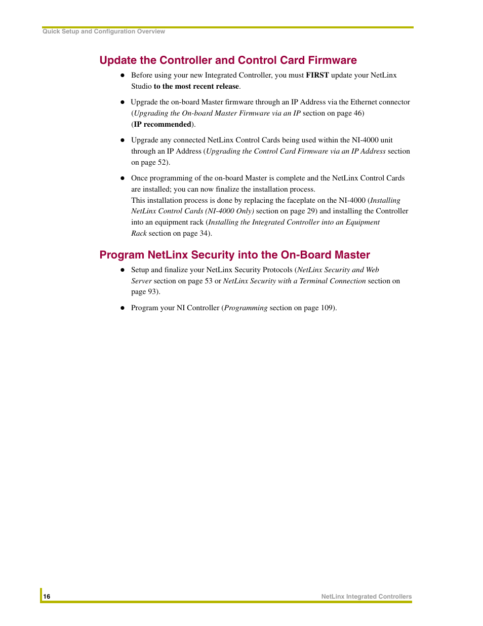 Update the controller and control card firmware, Program netlinx security into the on-board master | AMX NetLinx Integrated Controllers NI-3000 User Manual | Page 22 / 134