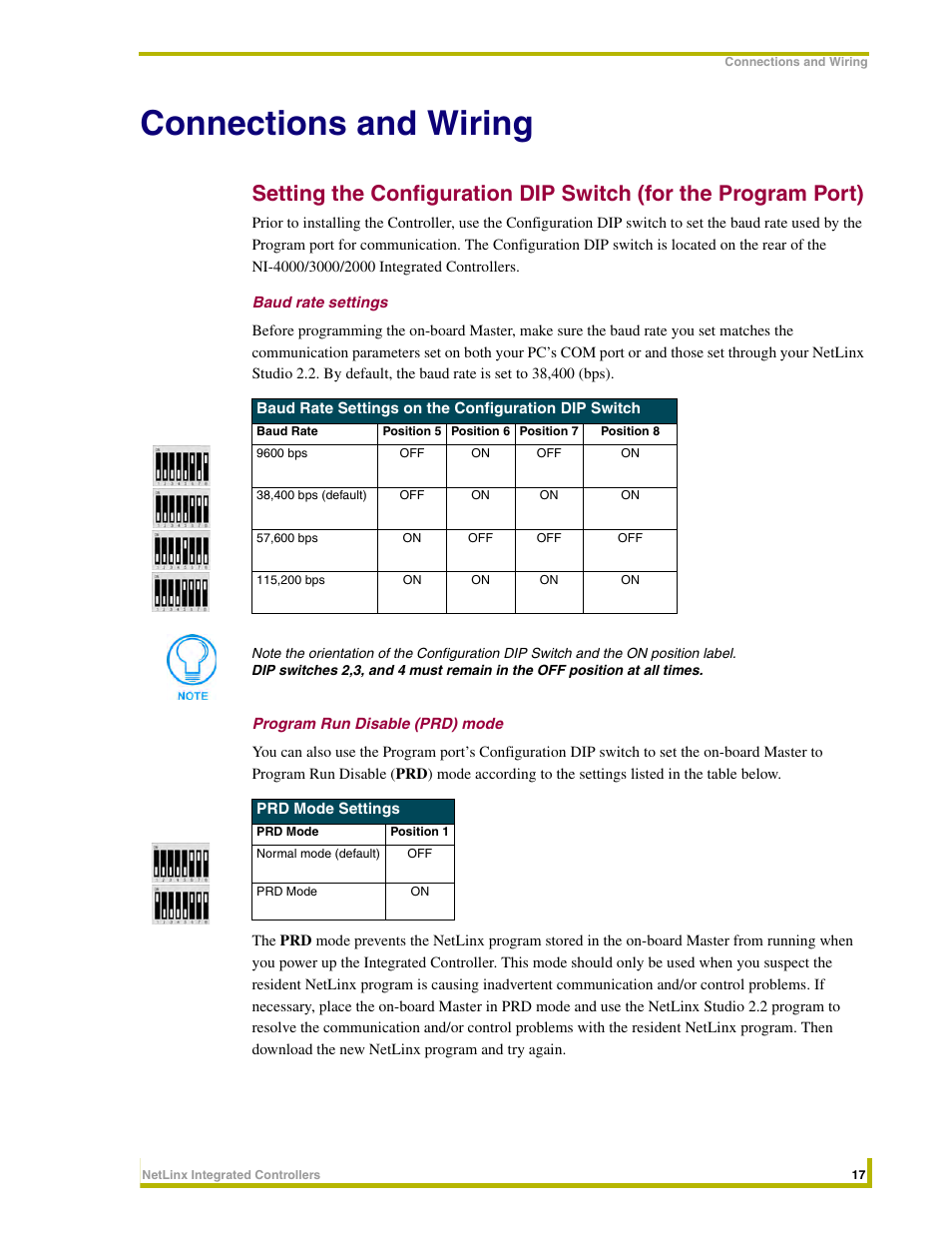 Connections and wiring, Baud rate settings, Program run disable (prd) mode | Connections, Setting the configuration | AMX NetLinx Integrated Controllers NI-3000 User Manual | Page 23 / 134