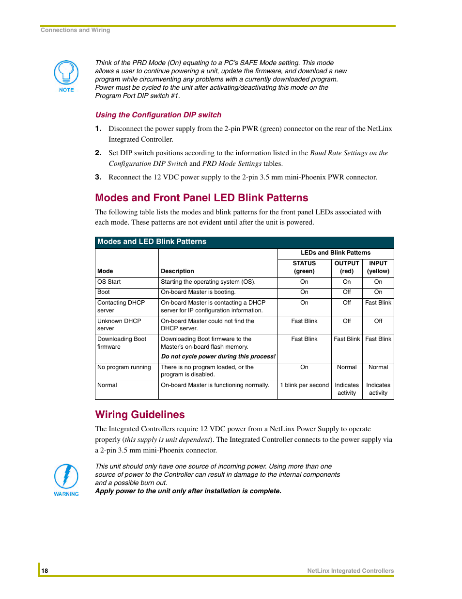 Using the configuration dip switch, Modes and front panel led blink patterns, Wiring guidelines | AMX NetLinx Integrated Controllers NI-3000 User Manual | Page 24 / 134